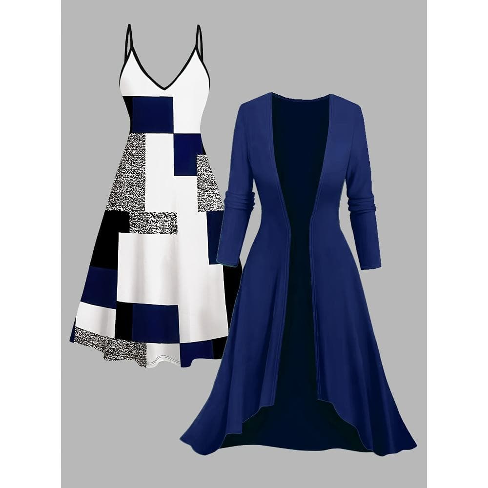 Two-piece Dress: Simple And Fashionable Printed Top Paired With A Collision Long Coat, Elegant Two-piece Suit, Women'S Dresses, Collision Women'S Dresses, Women'S Elegant Dresses, Women'S Dresses, Tiffany Size Dresses