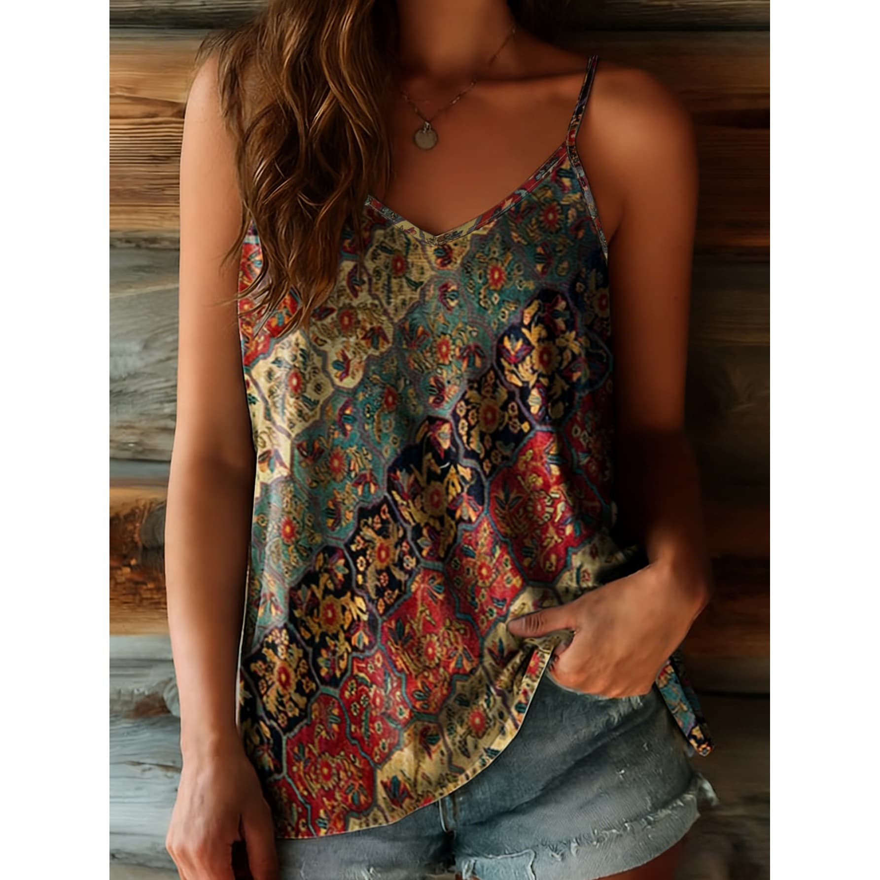 Summer New Bohemian Ethnic Style Printed Tank Top, Loose and V-neck Vacation Style Casual Versatile Outdoor Top