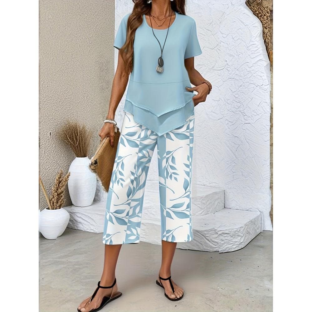 Women's Casual Solid Color Short-sleeved Top + Plant-printed Shorts Leisure Home Set [Please Refer to the Size Chart When Purchasing]