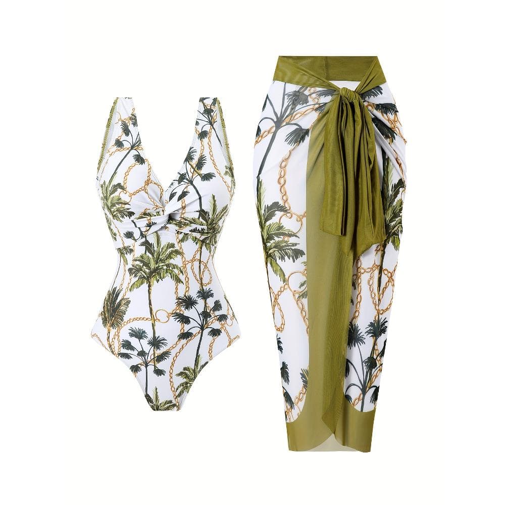 A One-Piece Swimsuit Set Featuring a Coconut Tree Design, Including a V-Neck Swimsuit And a Sunshade Skirt, Suitable for Women'S Swimwear And Apparel