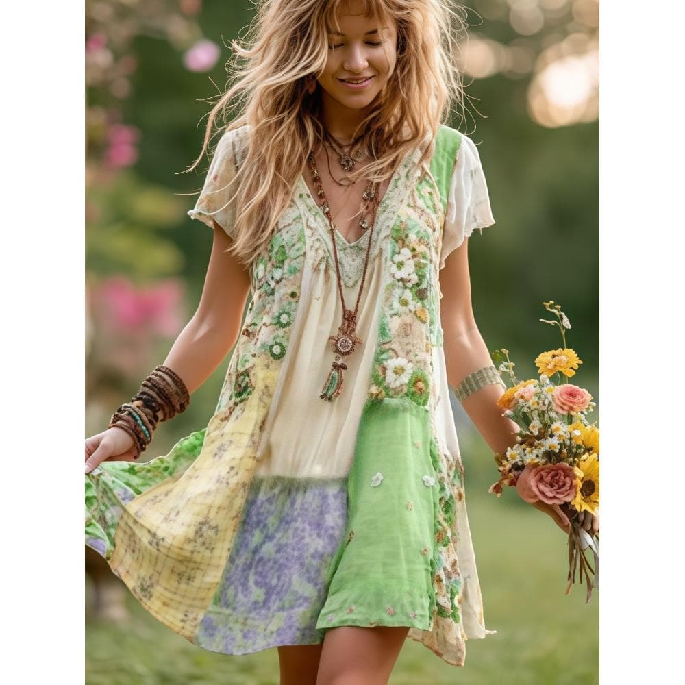 Spring and Summer Women's Floral Print Dress, V-neck Women's Mid-length A-line Printed Dress, Casual Vintage Bohemian Style, Suitable for Seaside Vacations and Holiday Parties