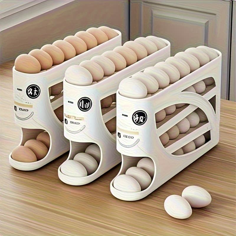 4-Tier Rolling Egg Holder - Space-Saving Side Door Design, Holds 30 Eggs, Smooth Glossy Finish, Convenient Handle | Suitable for Kitchen