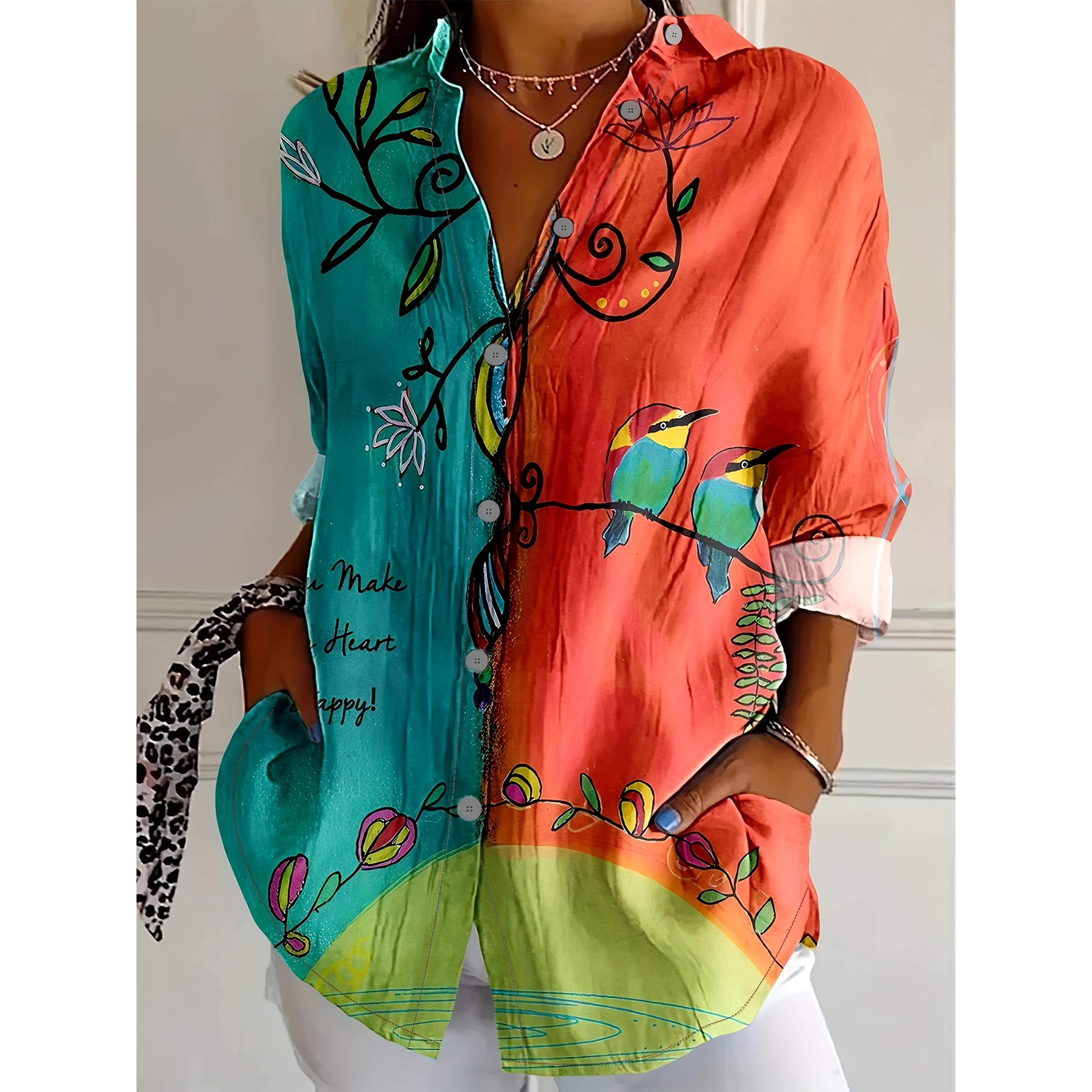 A Long-Sleeved Shirt for Women Featuring a Vintage Bird And Floral Design, Available in a Two-Tone Green And Orange. This Classic Collared Top Is Suitable for All Seasons, Combining Casual Elegance with a Versatile Style