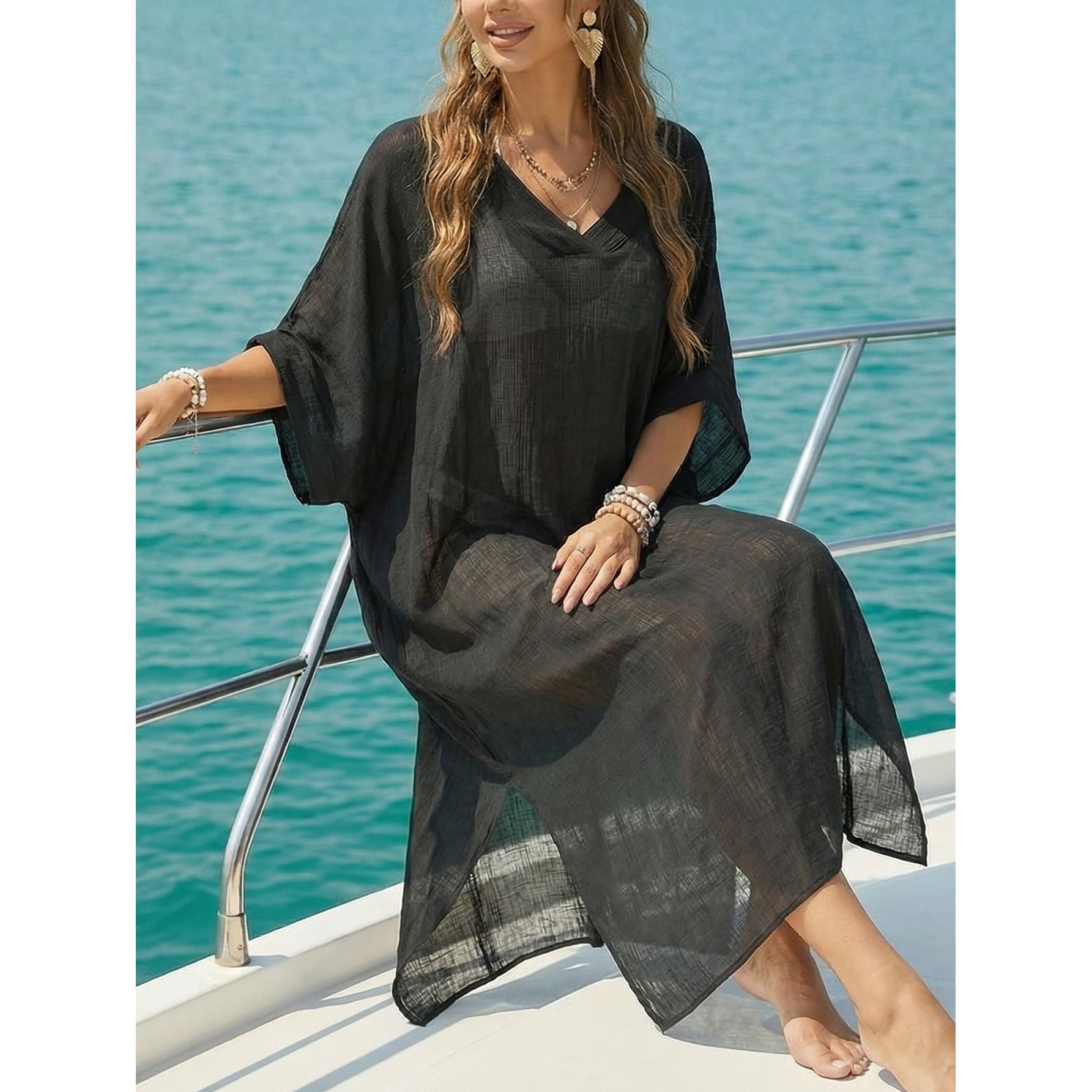 1-Pack Casual Loose Cover-Up, Side Slit Beach Kaftan Pool Party Backyard BBQs, Budget-Friendly Low Stock Summer Casual All Occasions, -Washable Durable Fabric