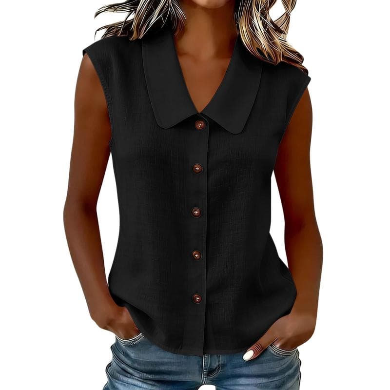 Women's Sleeveless Button Shirts Faux Linen Blouses Solid Color V Neck Casual Work Tank Tops