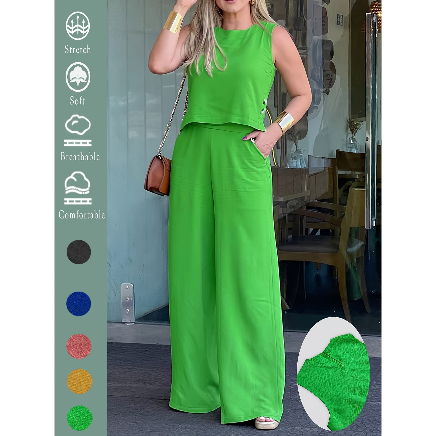 Women's Solid Color Summer Loose Sleeveless Round Neck Wide-Leg Pants Set 2pcs, Pocketed Elastic Waist Summer Comfortable Outfit for Vacation, Gathering, Party, Fashionable Green Set, Informal Outfit