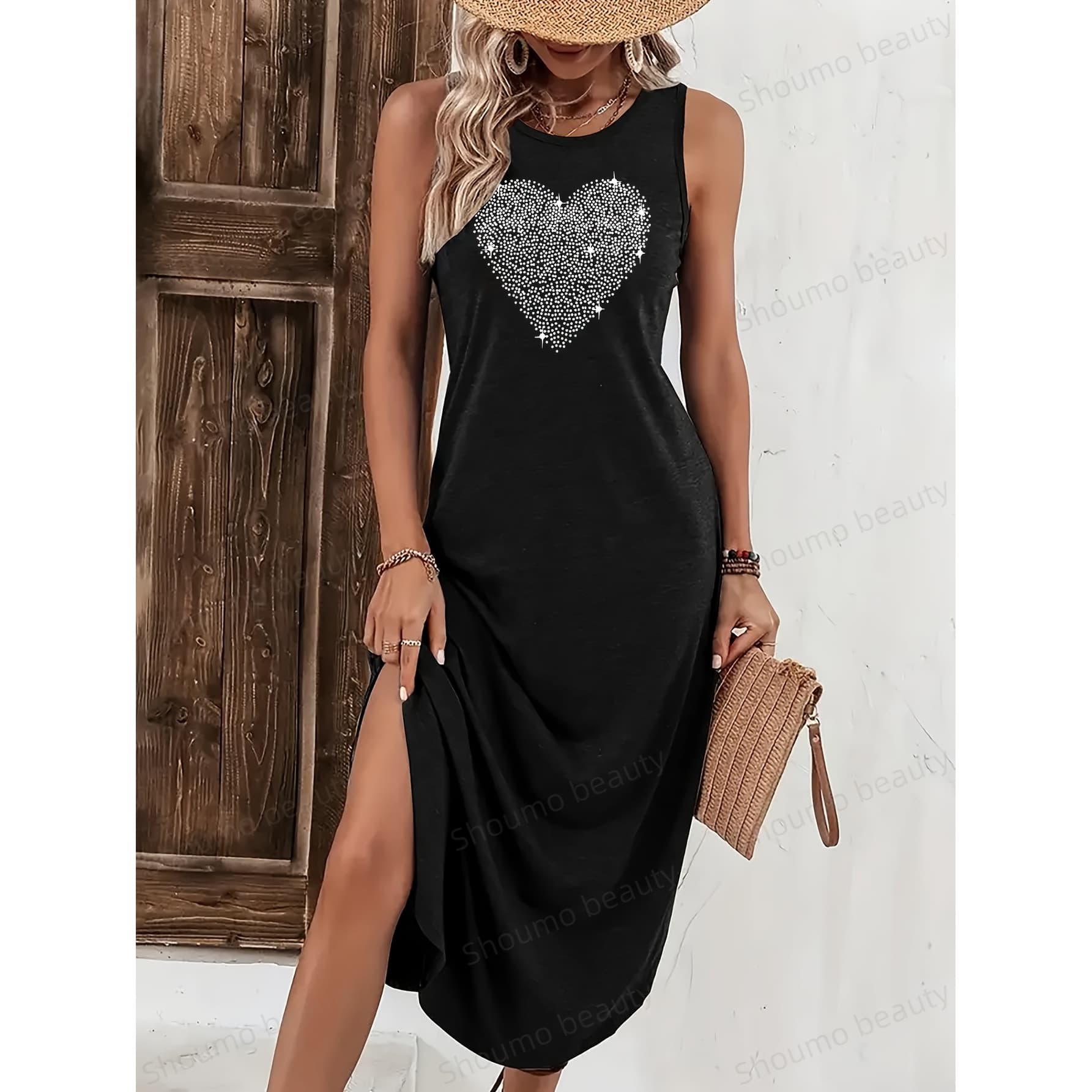 A Women'S Long Nightgown with a Black Round Neck And a Sleeveless Design Featuring a Shiny Heart Print. The Stylish And Breathable Cut Makes It Perfect for Everyday Wear