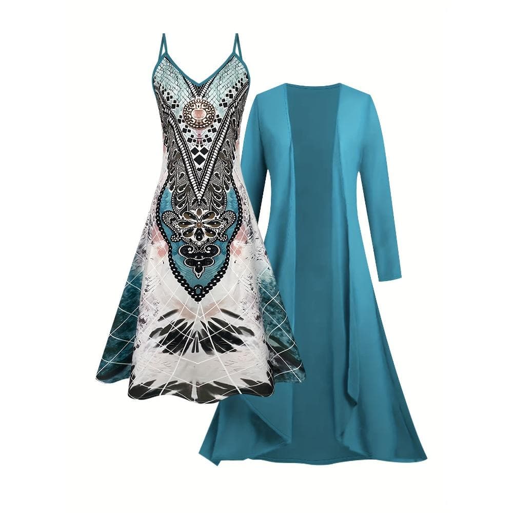 Set of a Long-Sleeve Kimono Top And a Printed V-Neck Cami Dress in a Casual Bohemian Style for Women