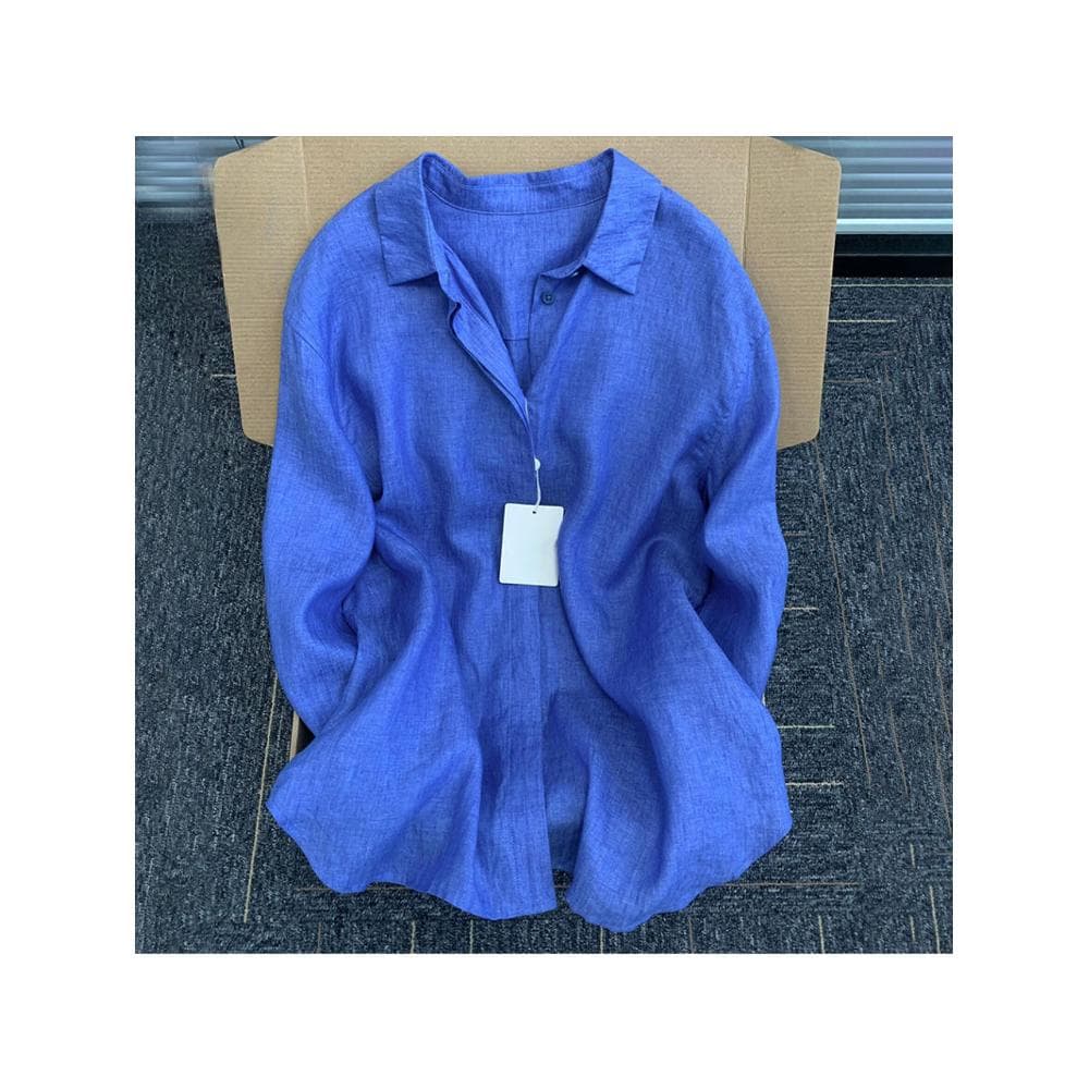 New Casual Shirt Made of a Linen Blend, Featuring a Turn- Collar; Lightweight Summer Cardigan/Jacket; Long, Loose Sleeves