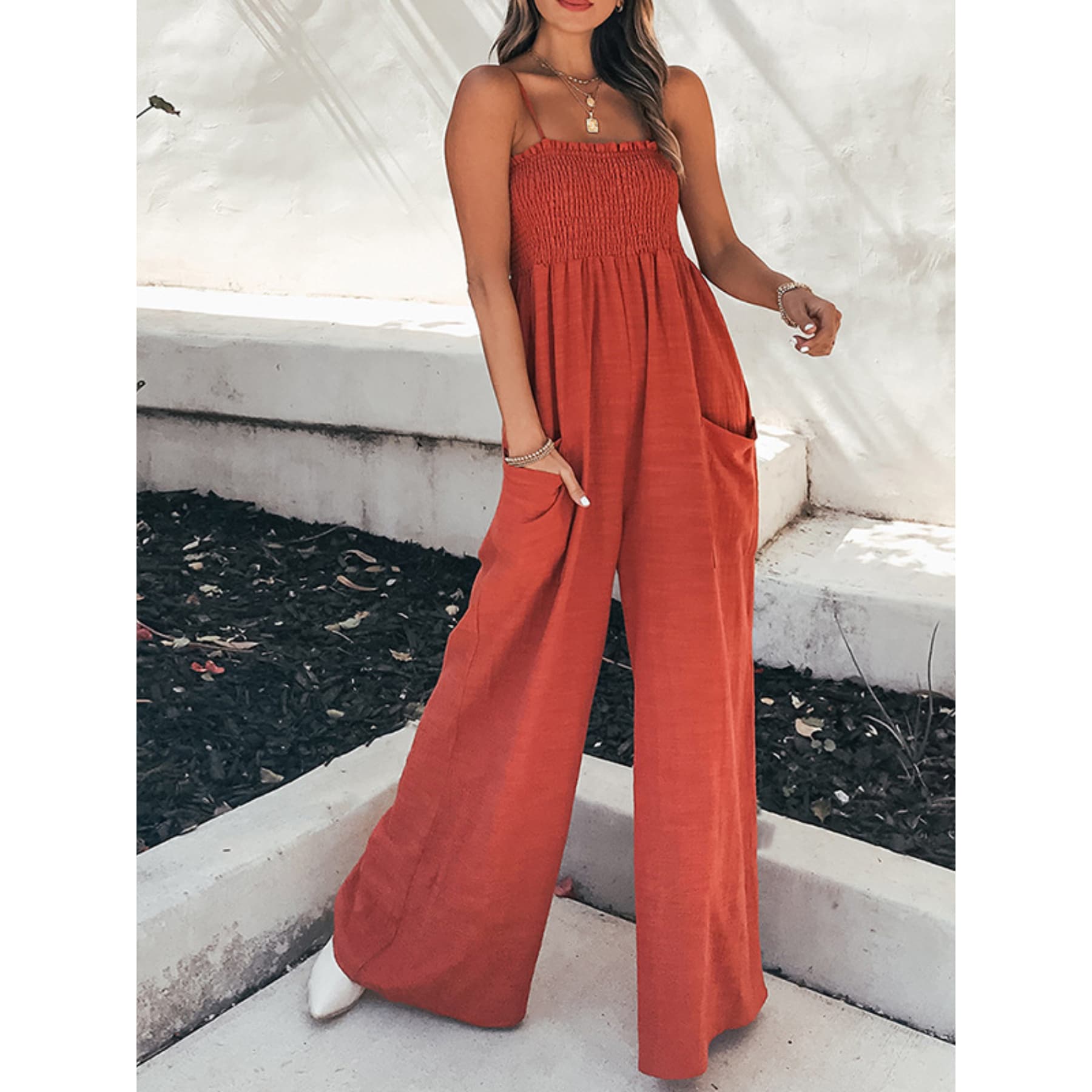 Women's Summer Solid Color Wide-Leg Jumpsuit Casual Suspender Pleated Jumpsuit