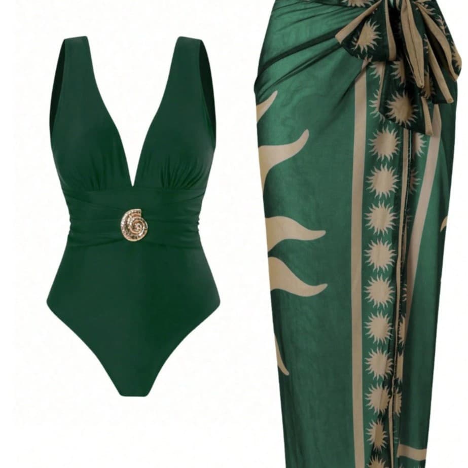 New European and American Style Dark Green Top and Skirt | Crew Neck, Shorts, Slight Stretch, Motif Cachemire, Ideal for Beach Vacation