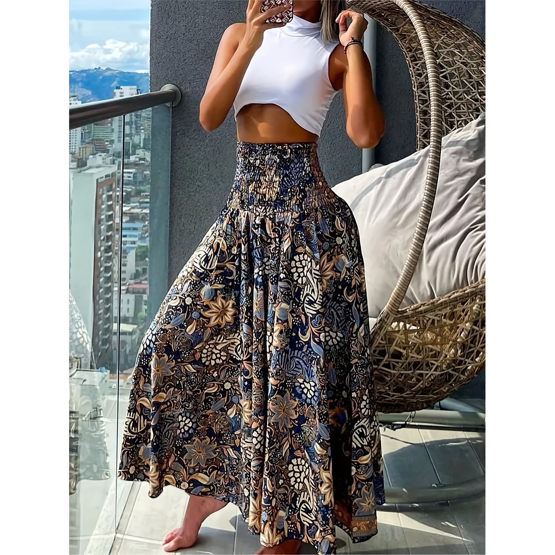 Women's Bohemian Tropical Floral Print Elastic Waist Layered Skirt Pants- Loose Fit Casual Machine Washable Three-Season Wear Spring Summer Autumn Clothing, Autumn Apparel| Printed Skirt| Fashion Tassel