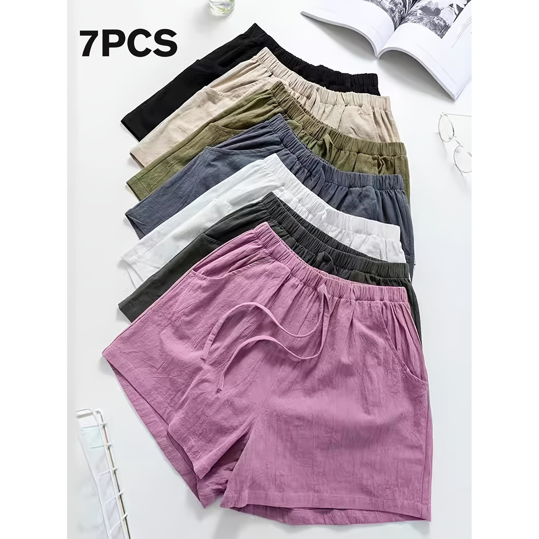 7pcs 2026 Summer Women's High Waist Linen Shorts, Casual Loose Drawstring Wide Leg Beach Shorts, Thin Elastic Waist with Pocket Bottoms