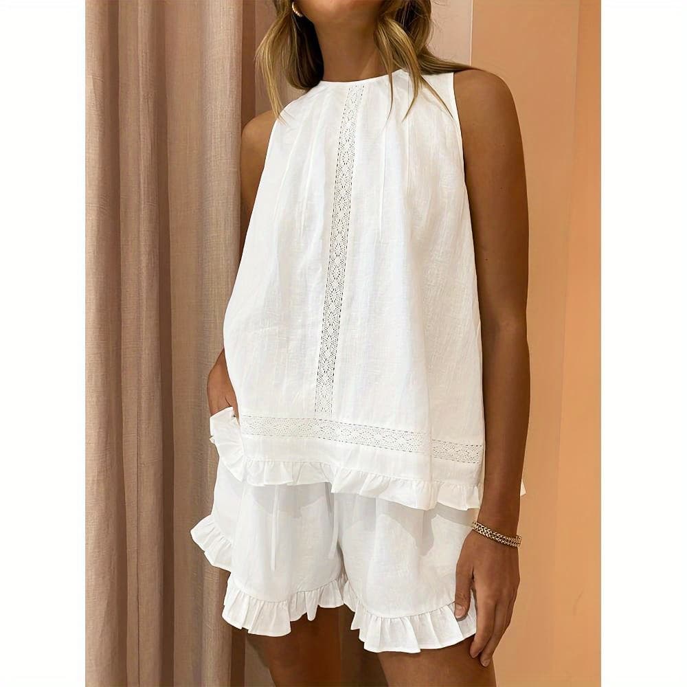 Loose solid color lace stitching sleeveless top elastic waist drawstring ruffled shorts set