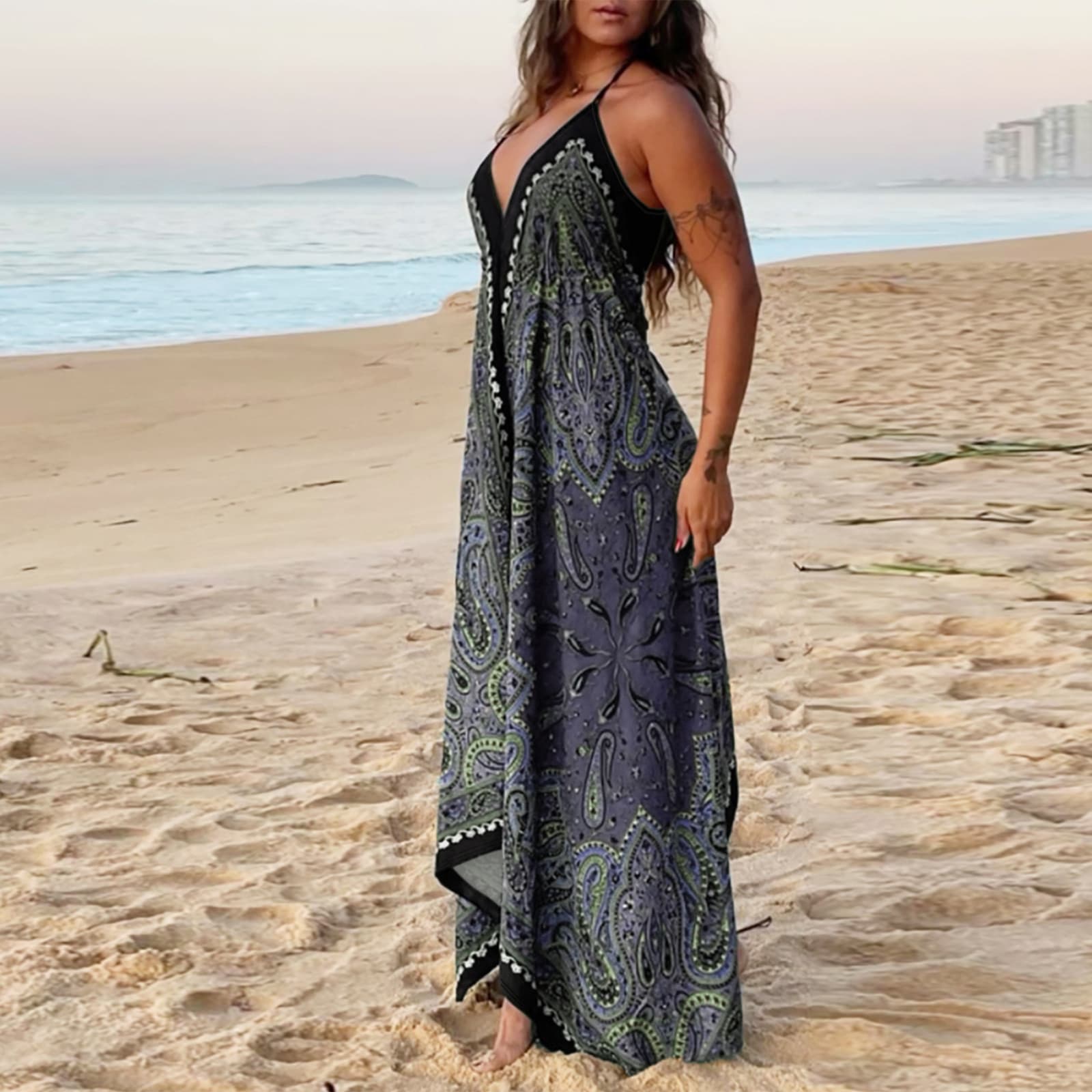 Directional Spring And Summer New Fashion Floral Print Vneck Strapless Dress for Beach Holiday