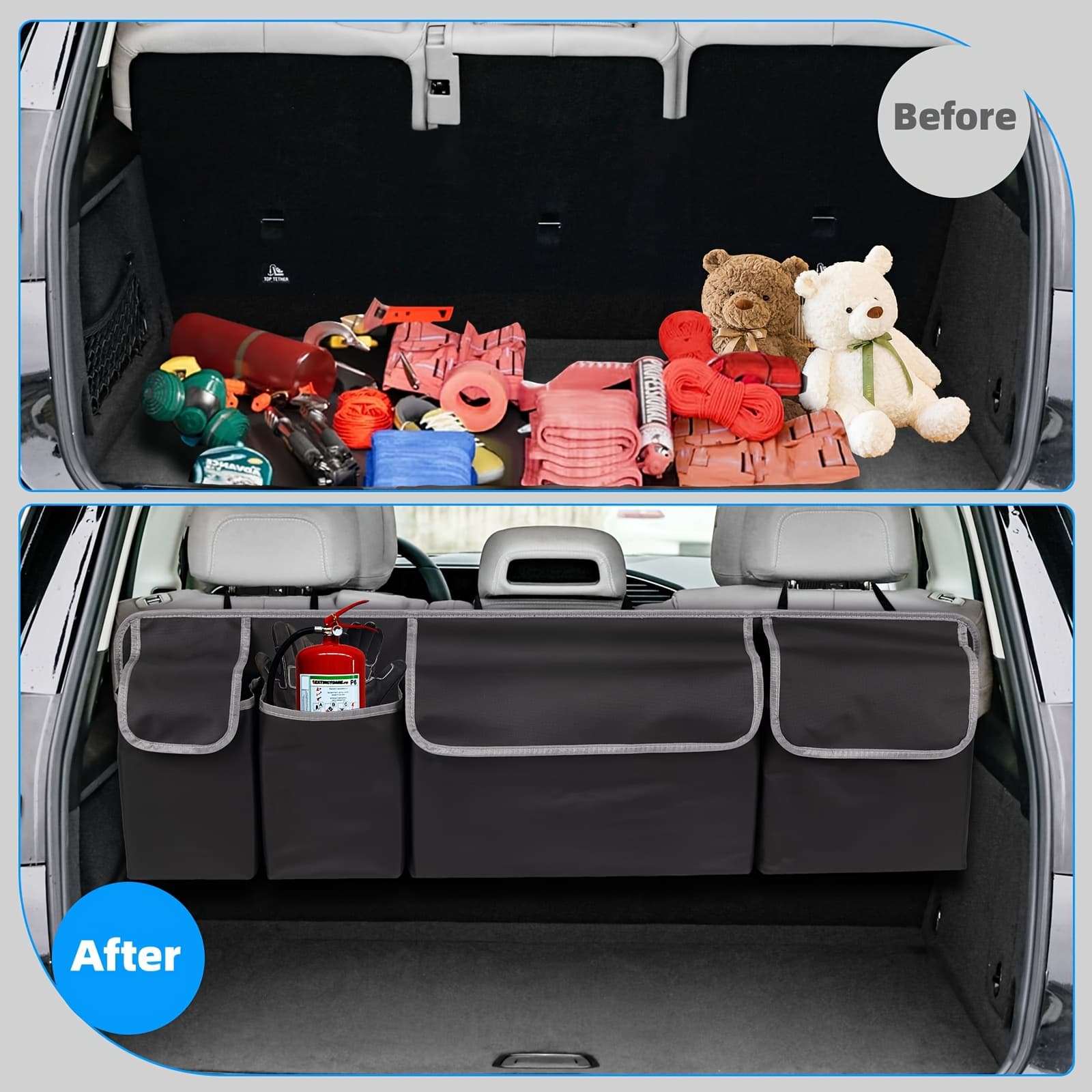 Oxford Material Multifunctional Car Trunk Organizer with 4 Large Pockets And 3 Adjustable Straps, Suitable for Backseat Storage Bag of