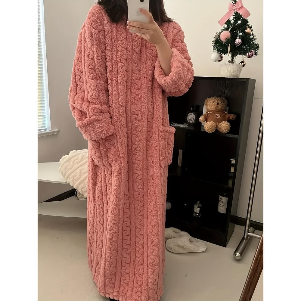 Ladies' Thick Coral Velvet Sleeper Robe - Super Soft Long with Pocket, Winter Home Sleeper, Machine Washable SPA Casual Clothing, Comfortable and Warm Home Outfit, Round Neck Warm Sleeper, Durable and Comfortable Material