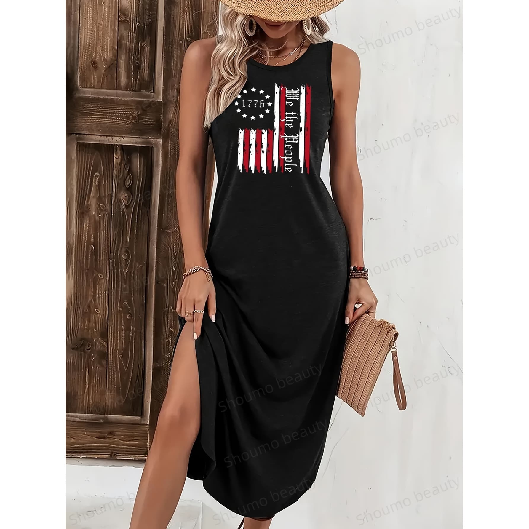 Women'S Black Round-Neck Long Nightgown with American Flag 1776 Print, Sleeveless Design. Fashionable And Breathable Fit, Perfect for Everyday Wear And an Ideal Choice for Mother'S Day. No Pockets, Features Overseas Heat Transfer, Women'S Dress