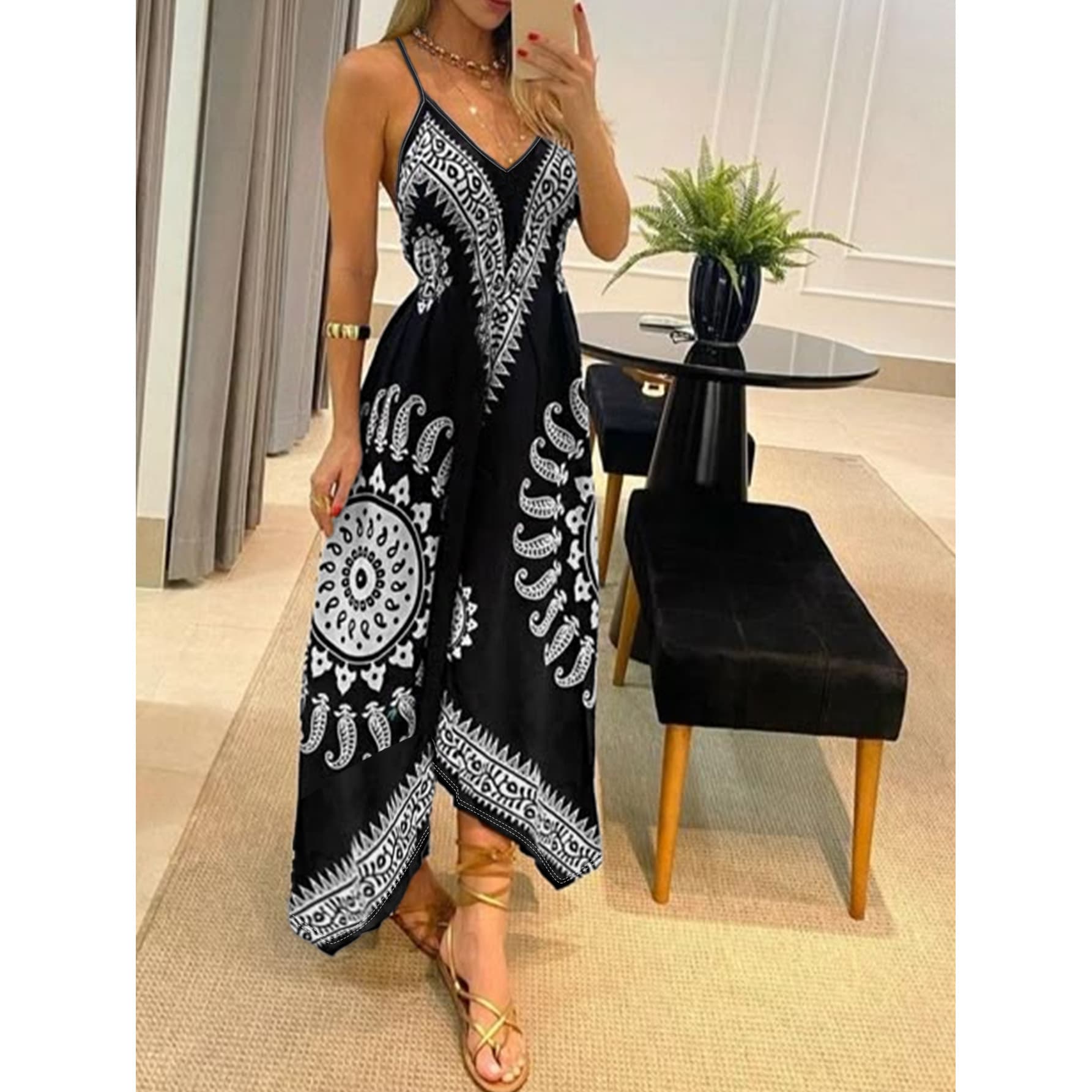 New Black Ethnic Style Camisole Dress with a Trendy Irregular Hem for Spring And Summer