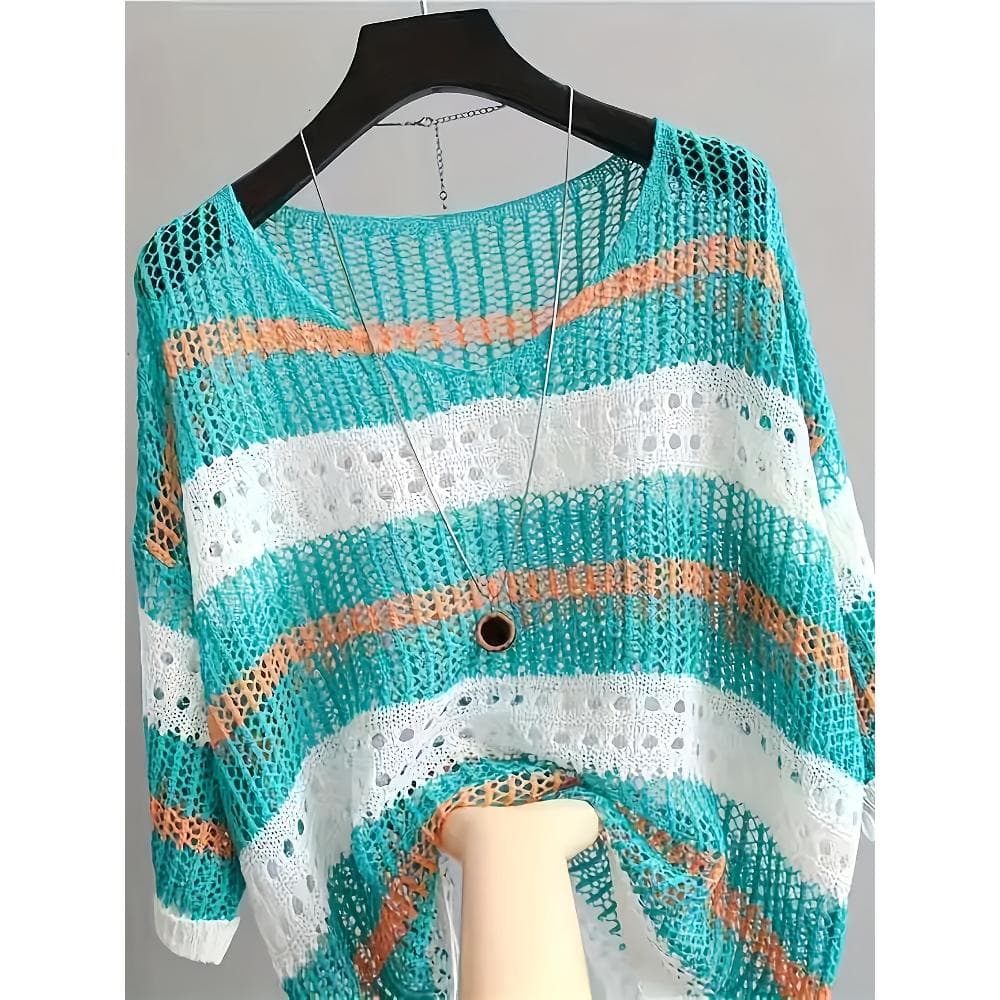 2026 Summer Korean Loose Hollow-Out Top, Suitable for Women Weighing Between 85-135 Lbs, Featuring a Lightweight, Mid-Sleeve Design with a Loose Fit And a Striped V-Neck Pullover Cover-Up
