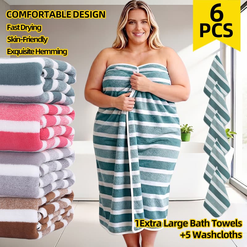 6pcs XXL Oversized Colorful Wide Stripe Bath Towel Set, Includes 1 Oversized Bath Towel 90x180cm + 5 Washcloths 30x30cm. Wide Stripe Bath