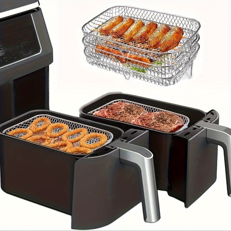 1/2 Layer Stackable Air Fryer Basket- Stainless Steel Cooking Rack, Suitable for Chicken Wings, Bread- Space-Saving Design, Even Heat