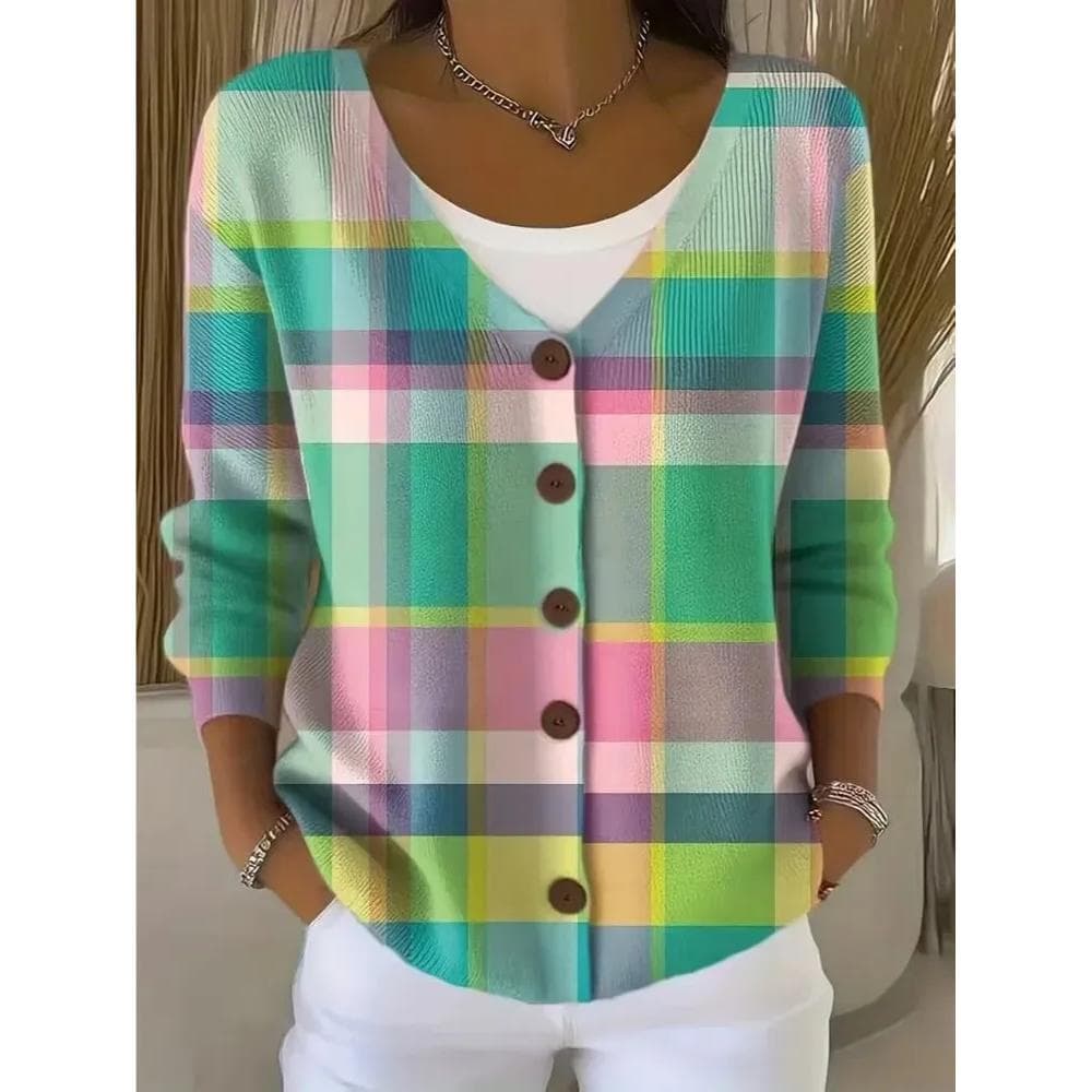 Women's Casual and Stylish Long-sleeved Cardigan, Decorated with A Plaid Pattern, 2D Flat Pattern Printed with A High-quality Print. Suitable for Spring, Autumn, Winter, and Weekend Commutes., 2D Flat