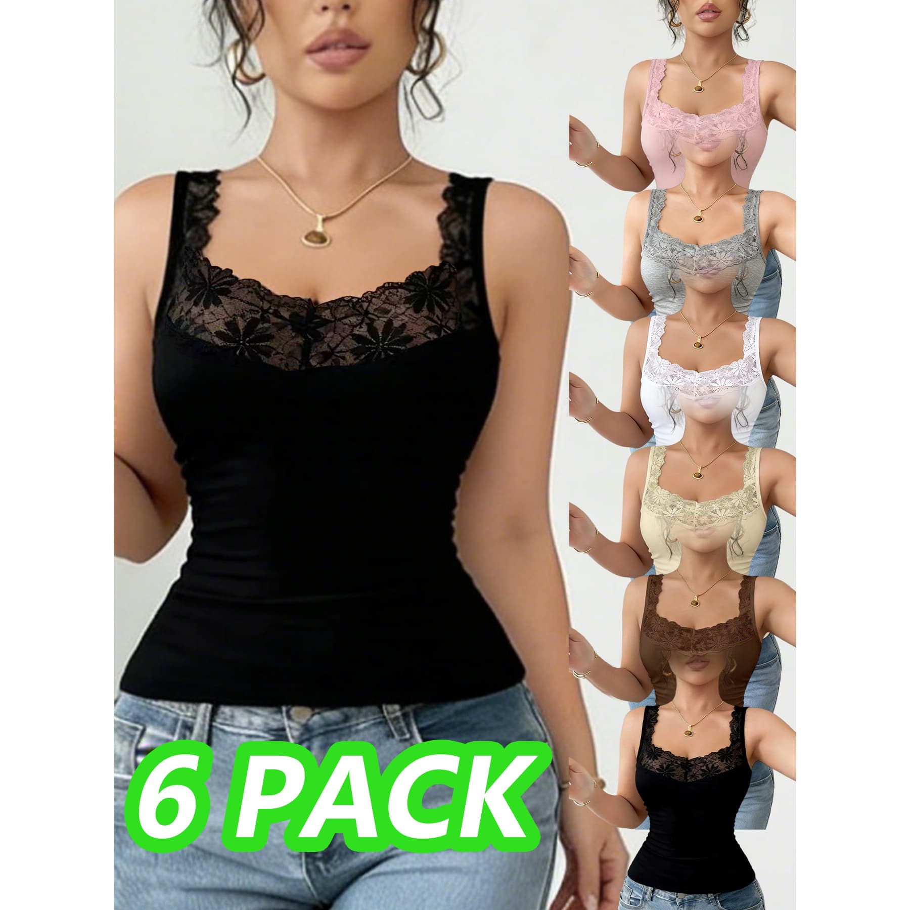 6pcs Set Women's Lace Camisole Vest Four Seasons Inner Wear Outer Wear Daily Casual Home Outdoor Covering Side Breast Base Shirt Sleeveless Top