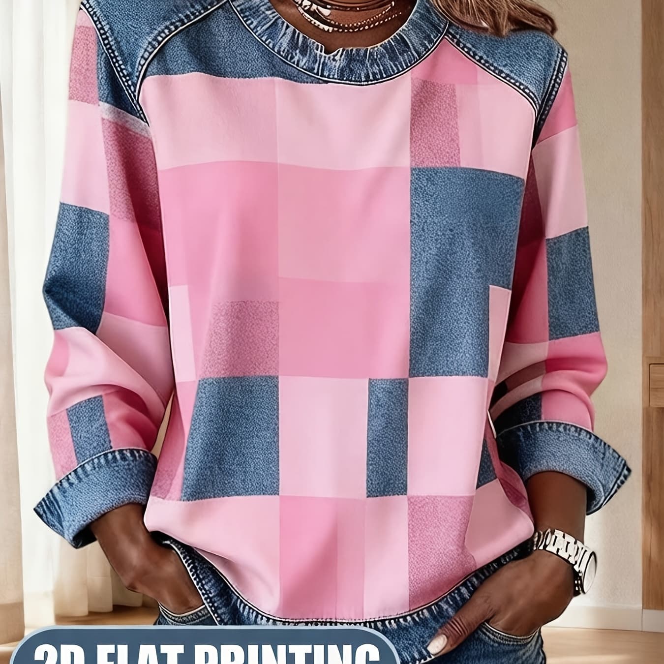 [Printed Pants - Not Denim Fabric] 2D Flat Printed Women's Plaid Pullover Hoodie with Plaid Splicing Imitating Denim Round Neck Loose Women's Hoodie Casual Long Sleeved Round Neck Top Collar Imitating Denim Splicing Loose Fit, Not Denim Fabric Light