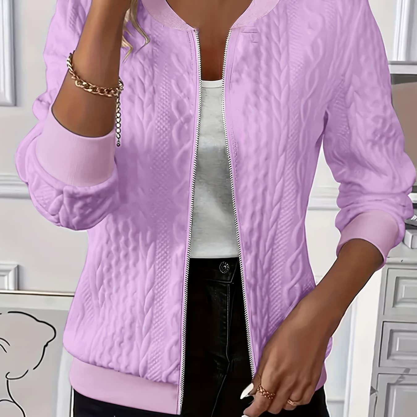 Fashionable and Elegant Casual Women's Jacket, New Autumn/winter Collection, Solid Color Textured Fabric, Zippered Long Sleeves, Baseball Collar