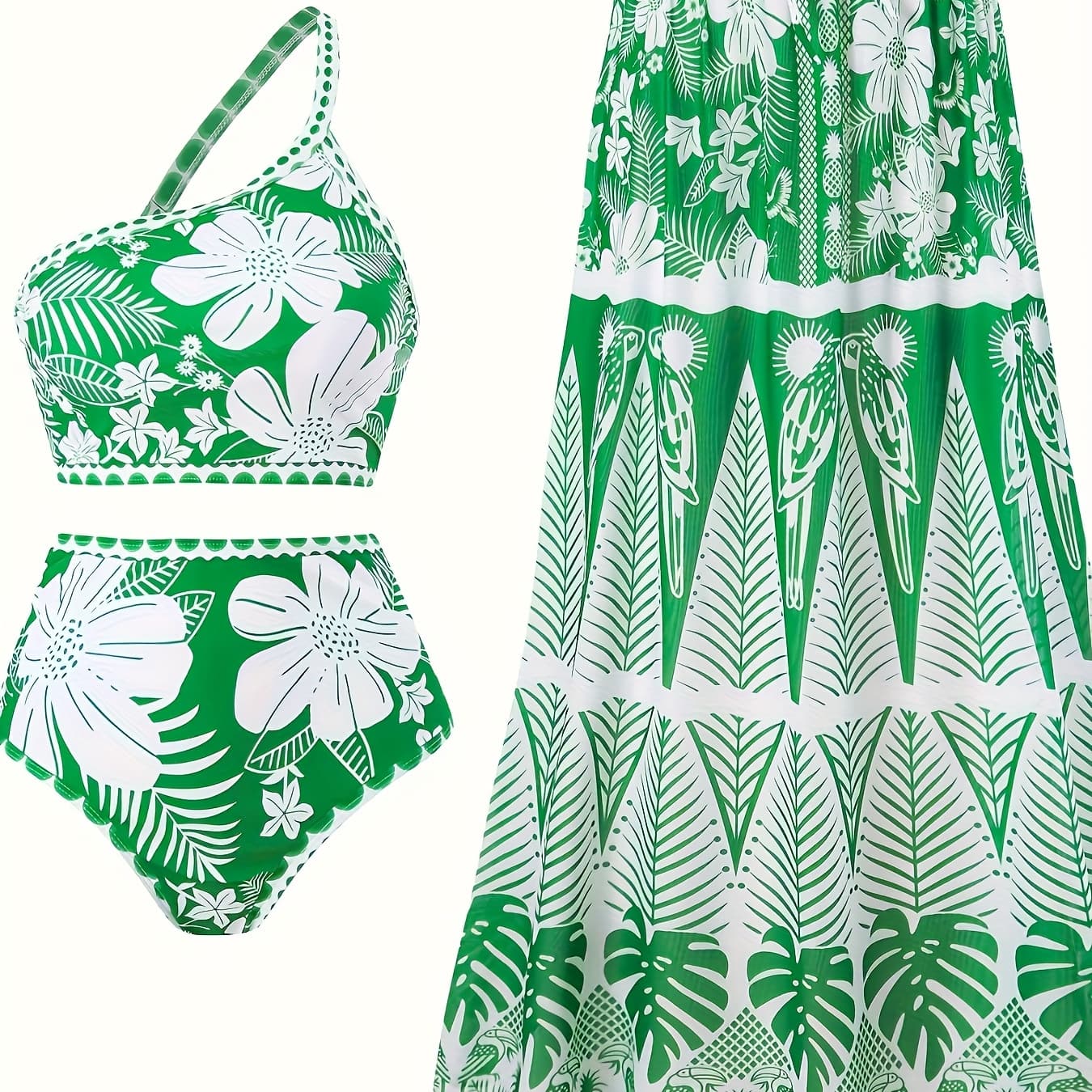Retro Printed Two-piece Swimsuit, Women'S Bikini Three-piece Set, European And American Sexy Beach Long Dress, Vacation Style