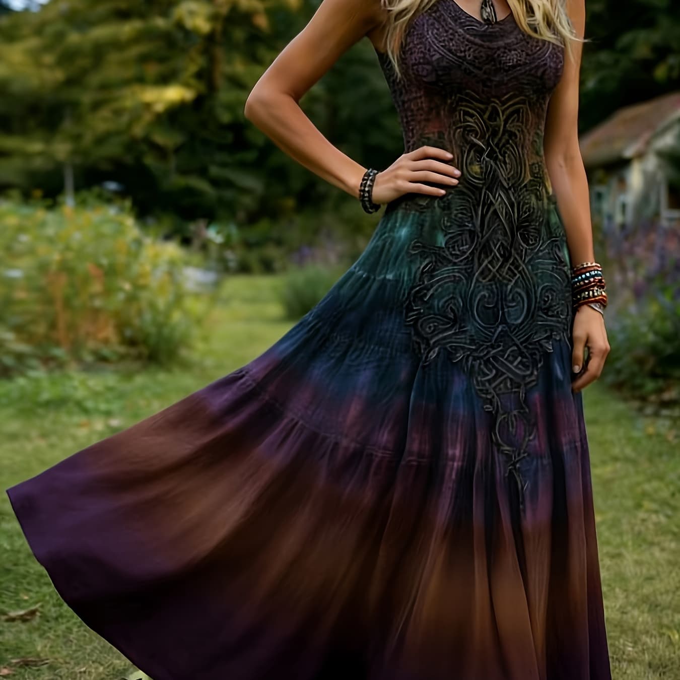 2026 Early Spring New Arrival Retro Boho Style Purple Green Gradient Tie-dye Totem Print Sleeveless Flare Maxi Dress Picnic Vacation Camping Elegant Dress