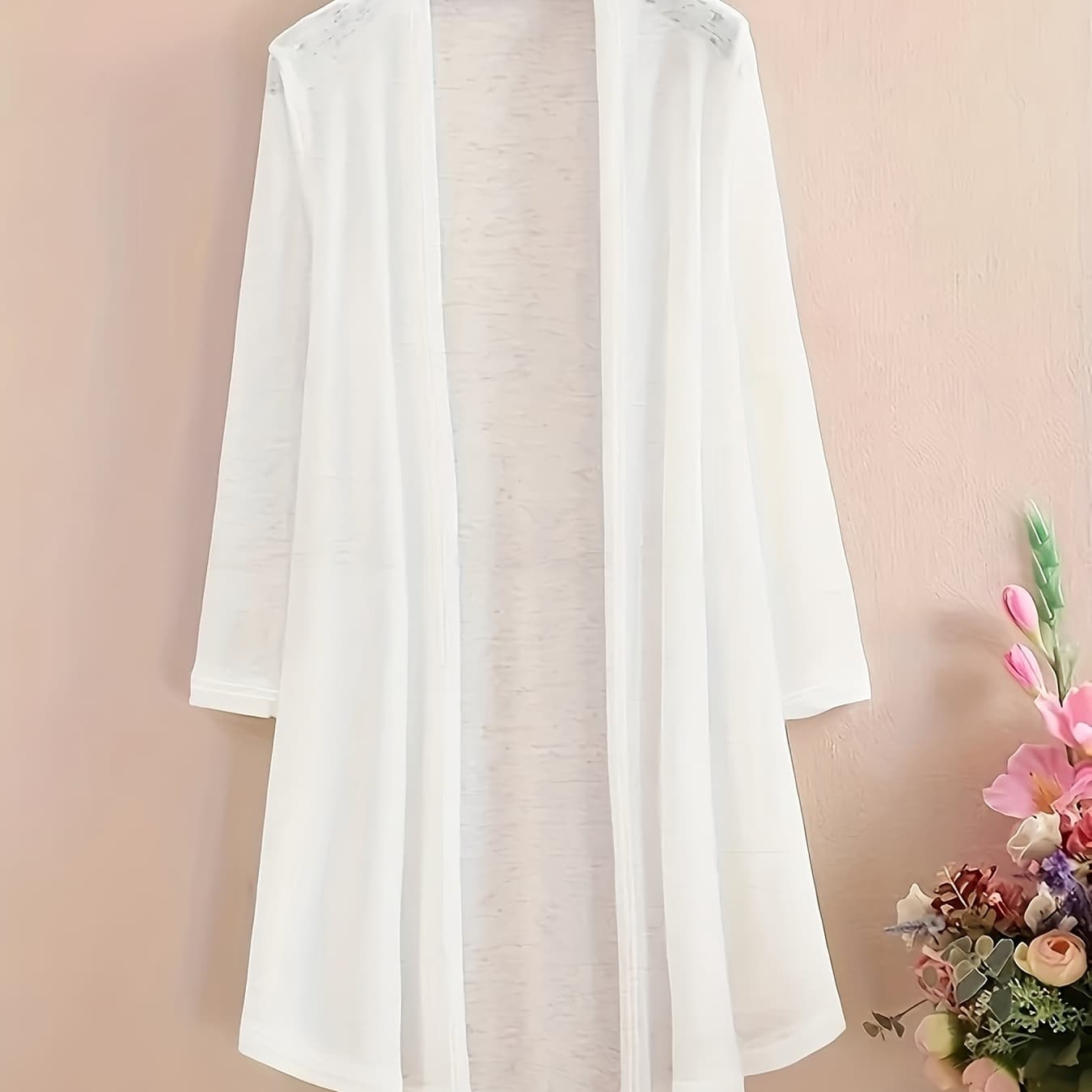 2026 New Women's Elegant Long Sleeve Cardigan - White Cover-Up, Slightly Stretchy Semi-Sheer Fabric, Perfect for Beach Vacations and Casual Casual Attire, Versatile Plus Size Outerwear for Spring, Summer, and Fall