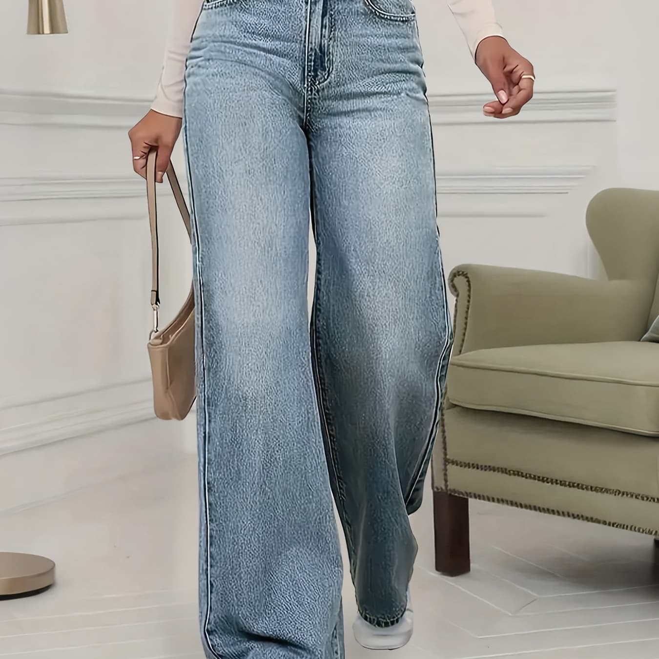 New Women'S Stretchy Loose Wide-Leg Straight Jeans, Featuring Pockets in a Washed Vintage Blue Denim, High-Waisted And Comfortable Pants, Casual Women'S Wear Suitable for Work, Travel, And Office
