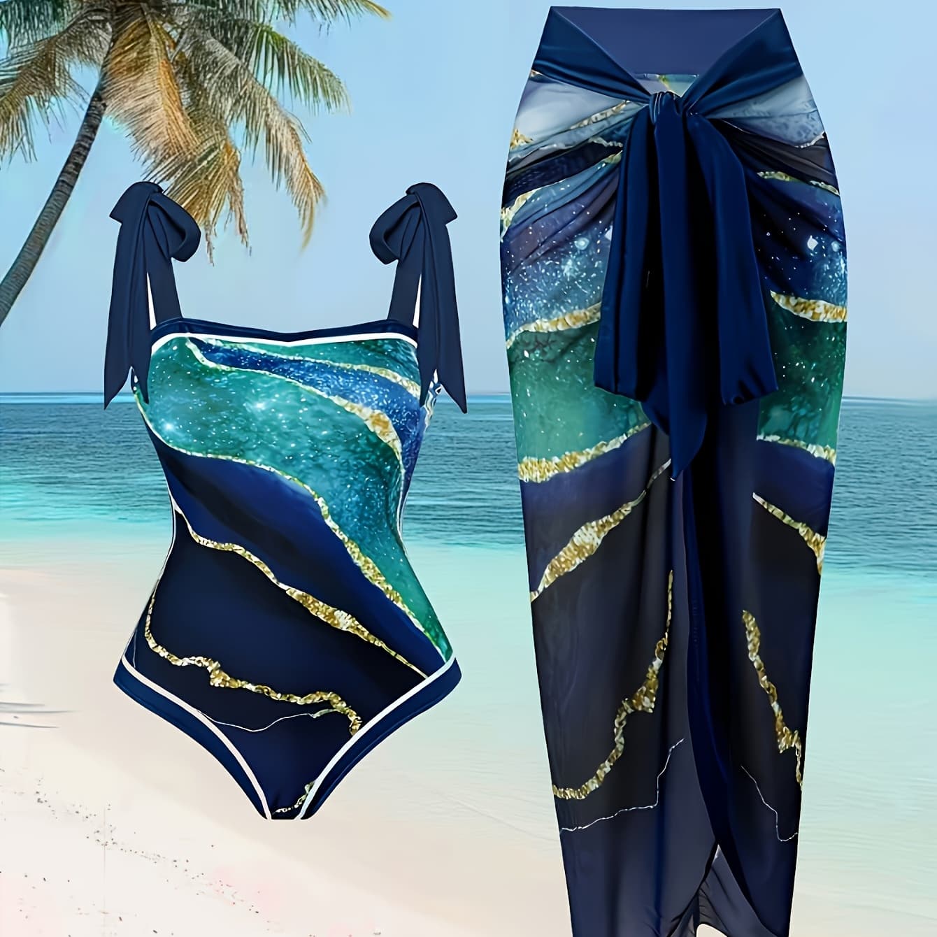 Ladies' Tankini Two-piece Beach Outfit,, Deep Blue, Gilded Printed Skirt, Soaking In Hot Spring Swimsuit, Beach Outfit, Women's