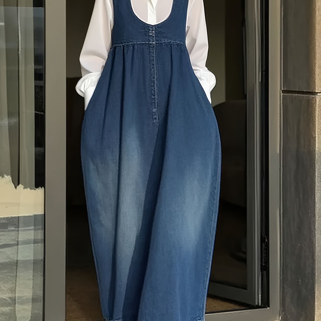 Women's Stylish Dark Blue Denim Maxi Overall Dress with U-Neck, Sleeveless Design, Gathered Waist, Side Pockets & Gradient Wash, Trendy for Day Outings Gatherings & Celebrations - Must-Have Fashion