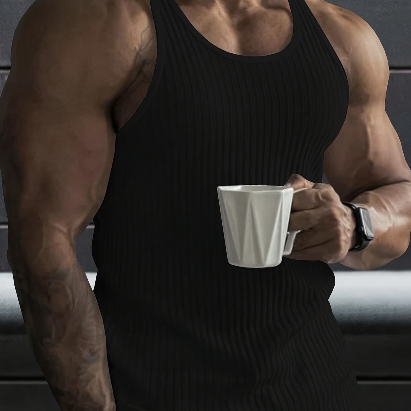 Men'S Solid Color Ribbed Round Neck Casual Tank Top