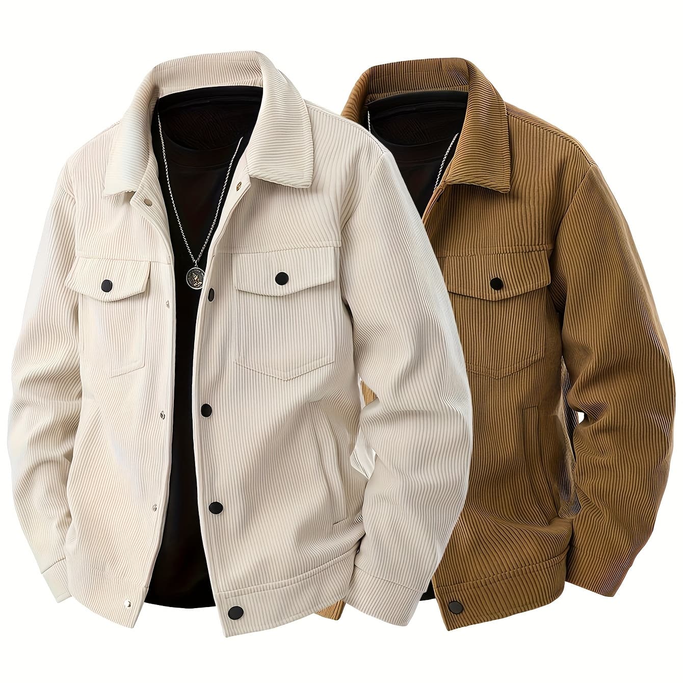 2pcs Men's Multicolor Corduroy Work Jacket - College Style Casual Outerwear with Button Design, Turn- Collar and Flap Pockets for Office Workers and Professionals, Windproof & Wrinkle-Free Fabric, Machine Washable