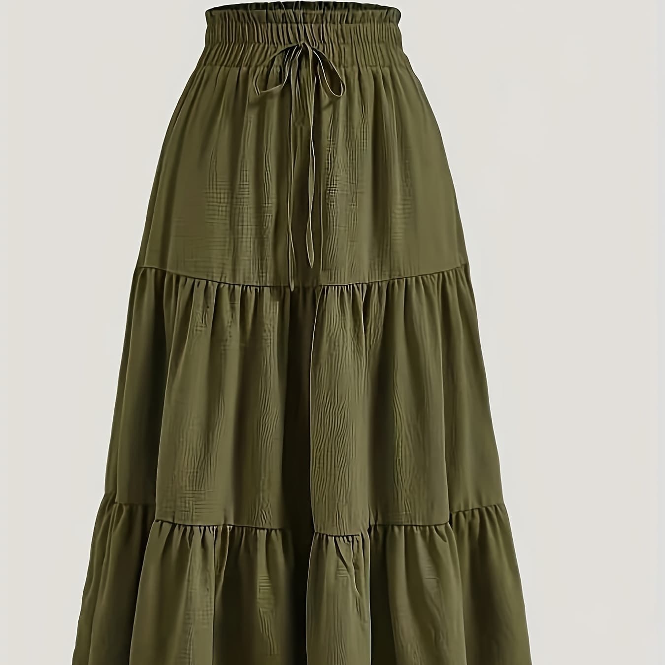 Women's Olive Green Pleated Midi Skirt - Lightweight Adjustable Drawstring Waist, Hand Washable Spring/Summer Elegant Solid Color Skirt for Casual & Formal Outfits, Casual Attire, Nontransparent Fabric, Spring Fashion, Classic Style, Breathable Material, Office Women