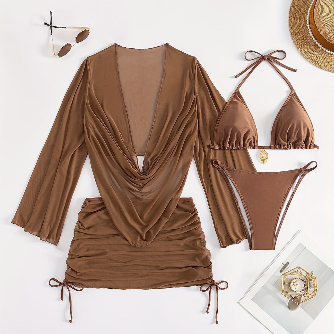 European And American Stylish Sexy Four-Piece Bikini Set with a Sheer Cover-Up.