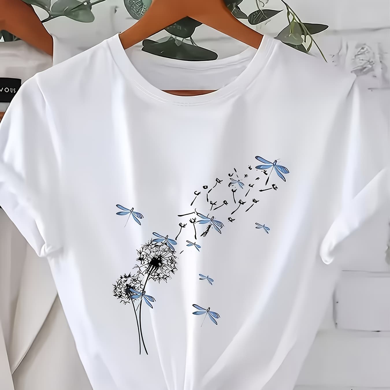 Dandelion and Dragonfly Print Summer Women's Seasonal T-Shirt, Fashion Women's Clothing