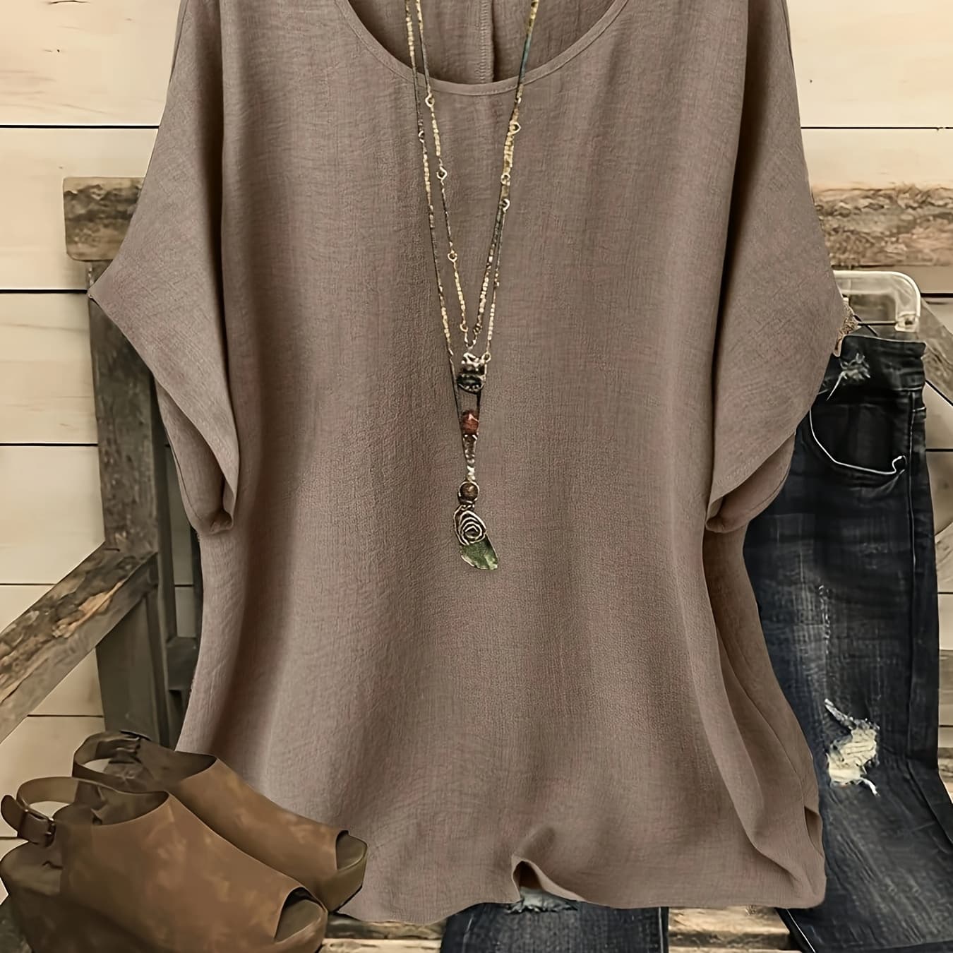 Plus Size, Plus-size Women's Casual Vacation Solid Color Batwing Sleeve Shirt