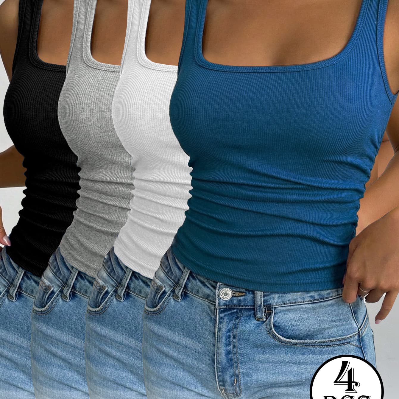 A Set of 4 Ribbed High-Elasticity Camisoles with a Sexy U-Back Design, Breathable And Comfortable, Suitable for Both Layering And Wearing Alone, New Spring And Summer Styles That Can Be Worn in All Seasons