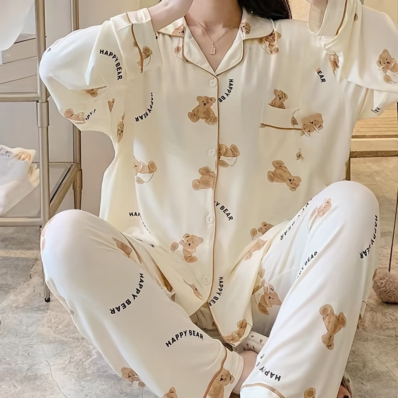 Cartoon Bear Print Pajama Set, Cute Lapel Long Sleeve Blouse Top & Elastic Waistband Pants, Women's Loungewear & Sleepwear