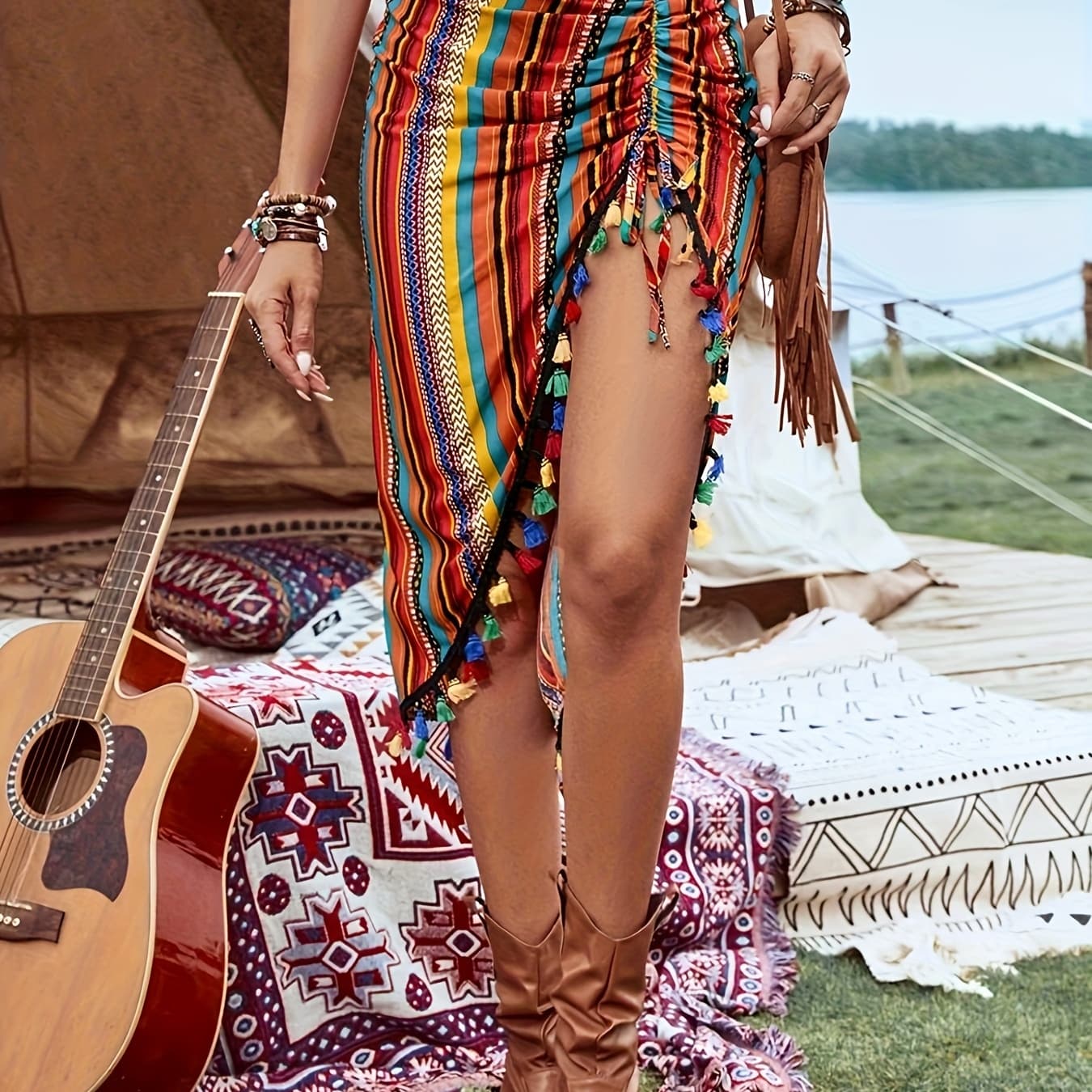 The 2025 Summer Music Festival Women's Pleated Skirt Features Color Blocks, Stripes And Asymmetrical Ruffled Decorations