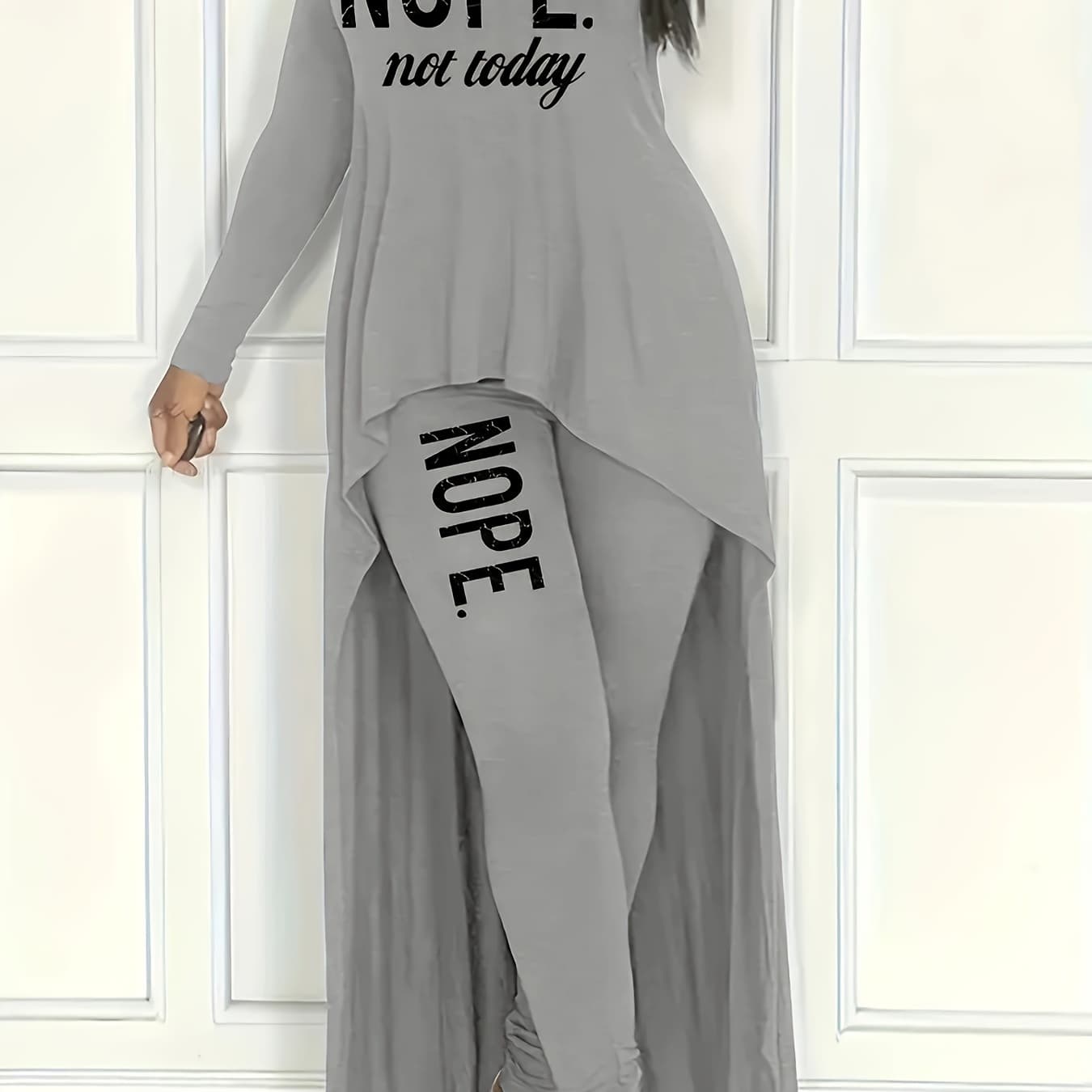 Directional Casual Wear 2Pcss Set, Women'S Long Sleeve Round Neck High Low Hem T-Shirt And Leggings 2Pcss Outfit with Letter Pattern Printing Directional