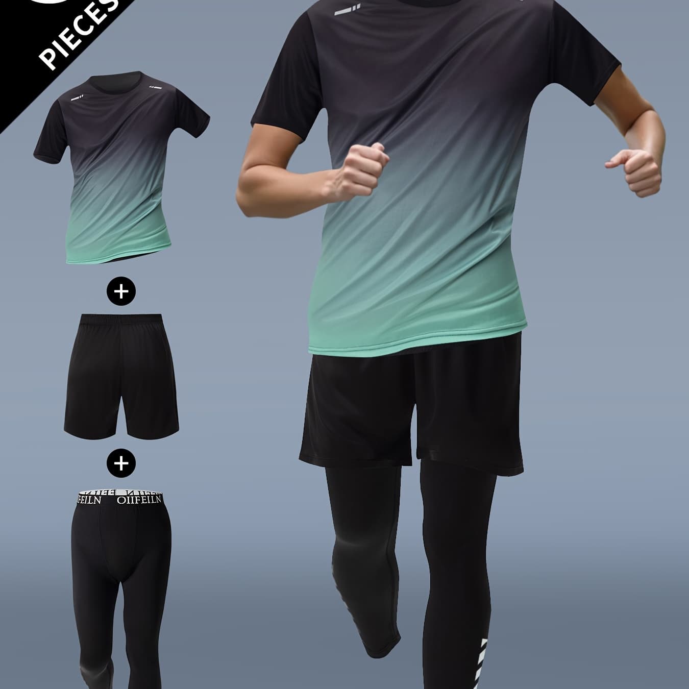 Men'S 3pcs Fitness Sportswear Set Including Long Pants, Short-Sleeve Shirt, Shorts, And a Running Jacket.