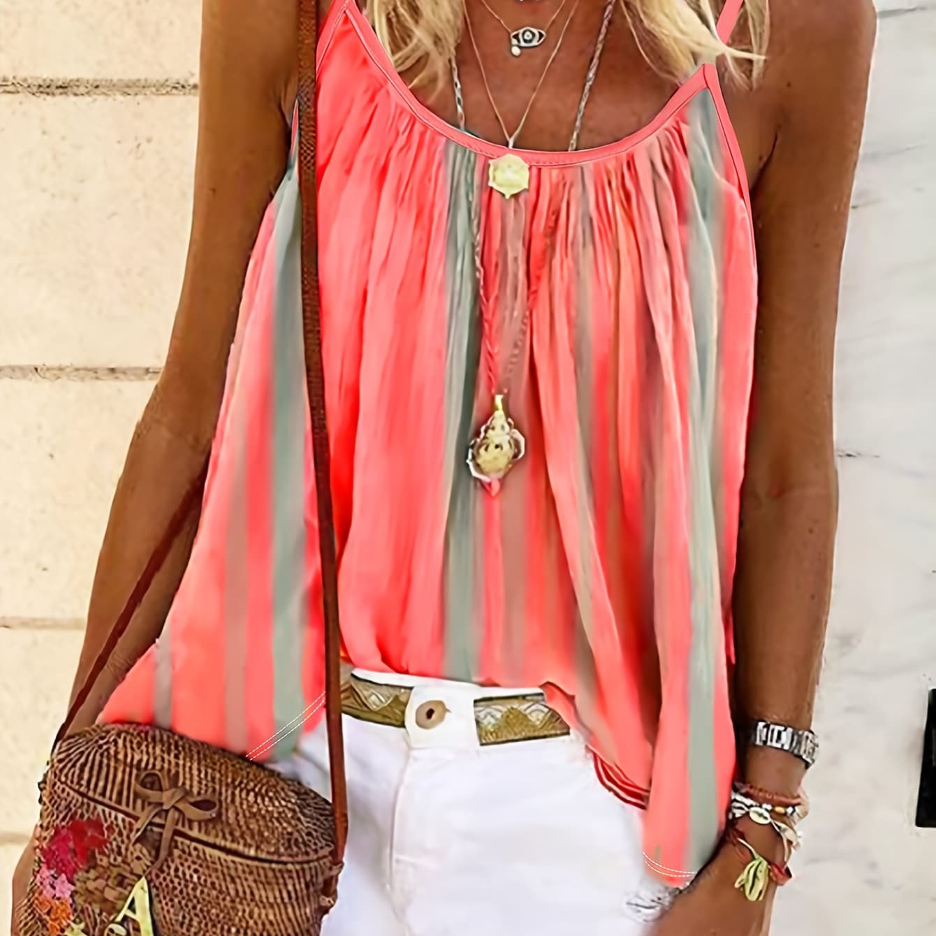 Summer New Fashion Striped Contrasting Print Cute Vacation Age Reduction Casual Beach Off Shoulder Vest Tank Top Camisole