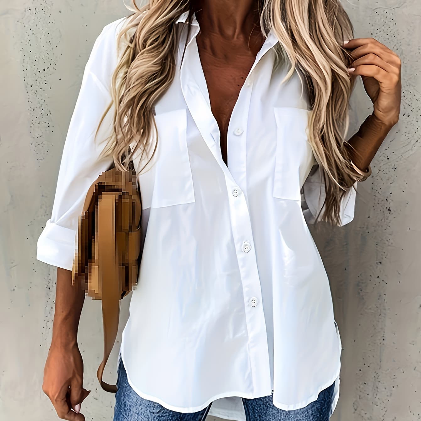 Solid Color Button-Up Long Sleeve Shirt for Women