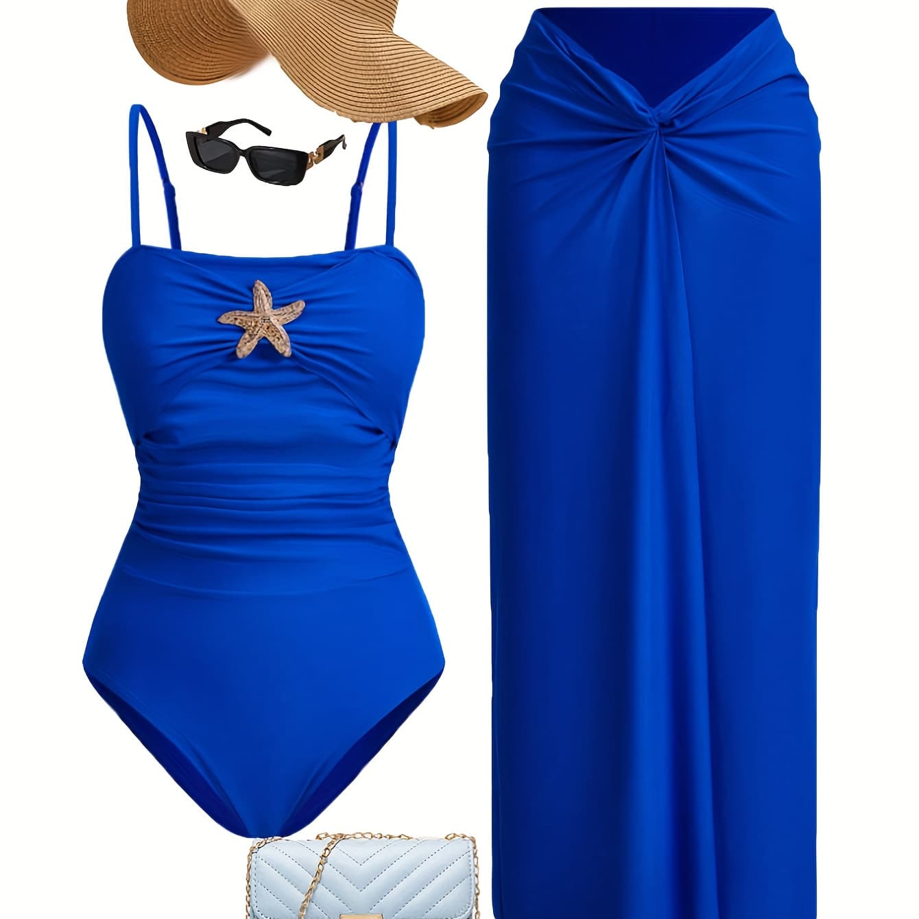 Women'S Summer Beach Vacation Solid Color Starfish Decoration with Skirt One-Piece Swimsuit
